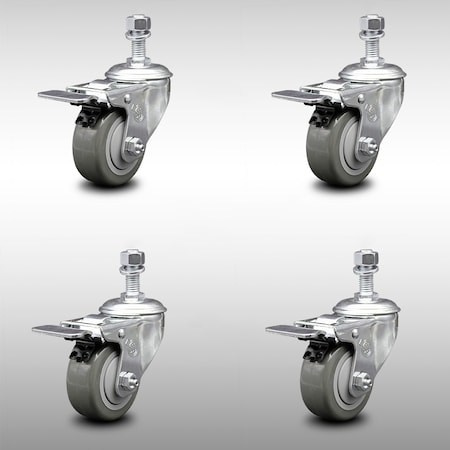 Service Caster 3 Inch SS Gray Polyurethane 1/2 Inch Threaded Stem Caster Set Total Lock Brake SCC-SSTSTTL20S314-PPUB-121315-4